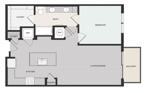 Floor plan for 1 bed, 1 bath, 808 sqft